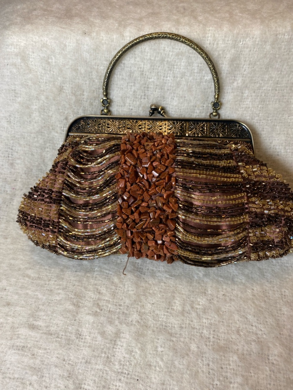 Beaded Brown Evening Clutch with Stone Center and Ornate Frame - Picture 2 of 8